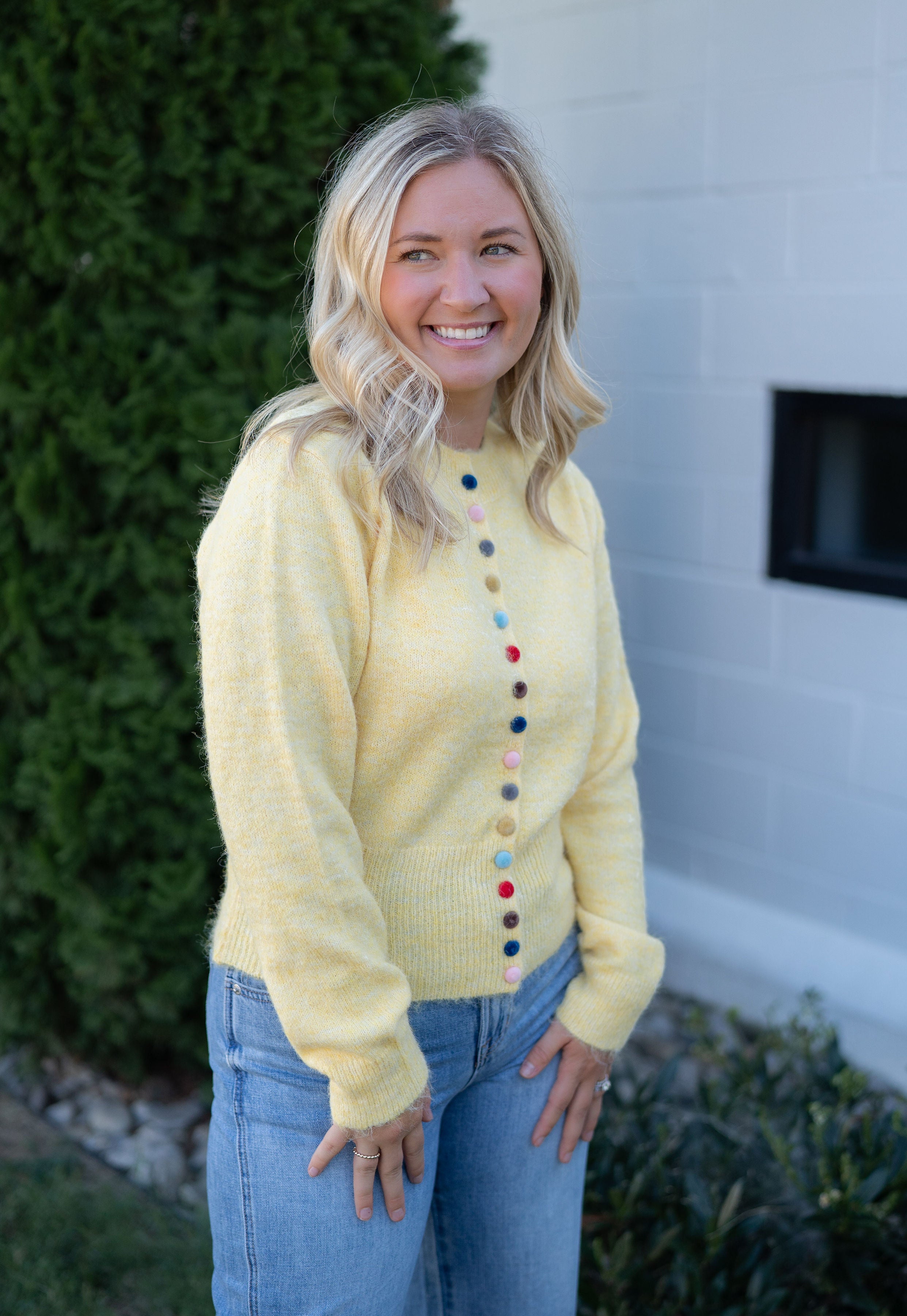 Strut & Bolt Yellow Rainbow Button Sweater