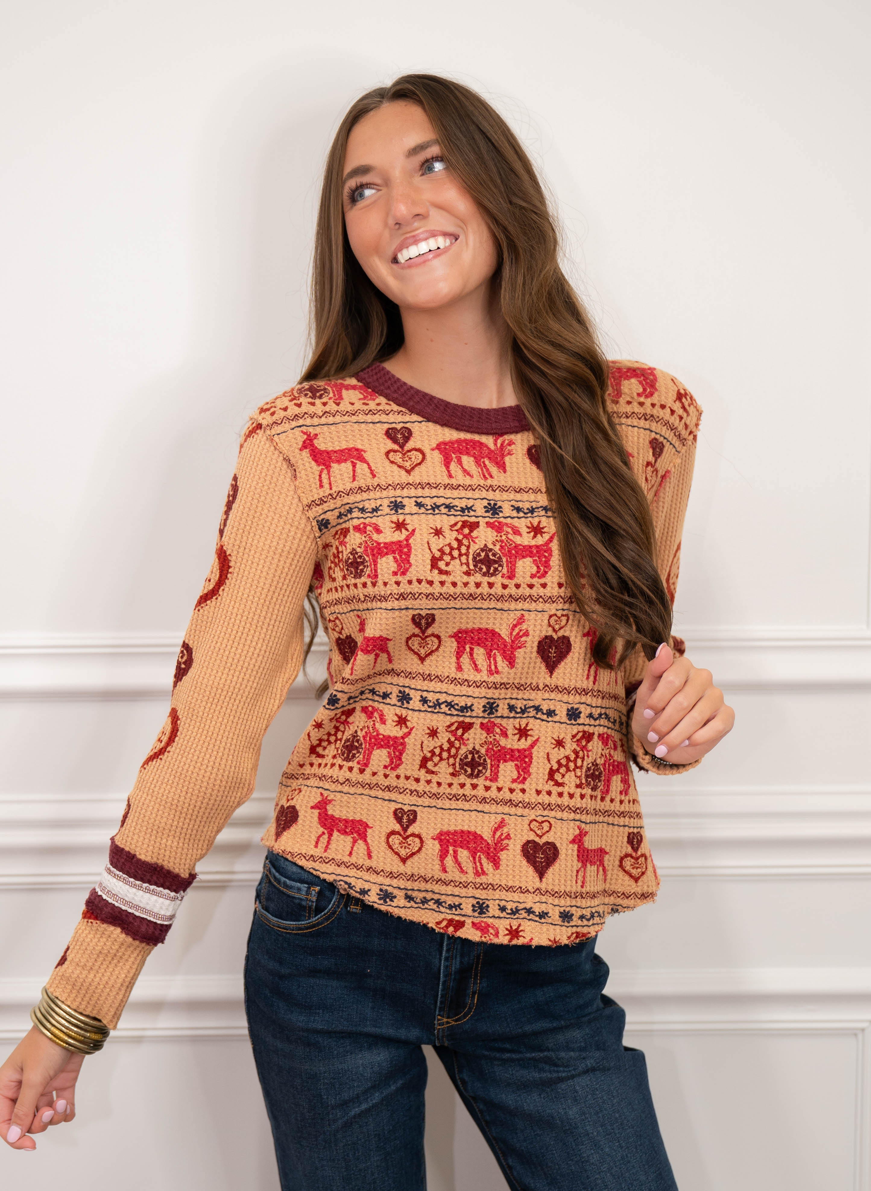 Free people tan and red reindeer