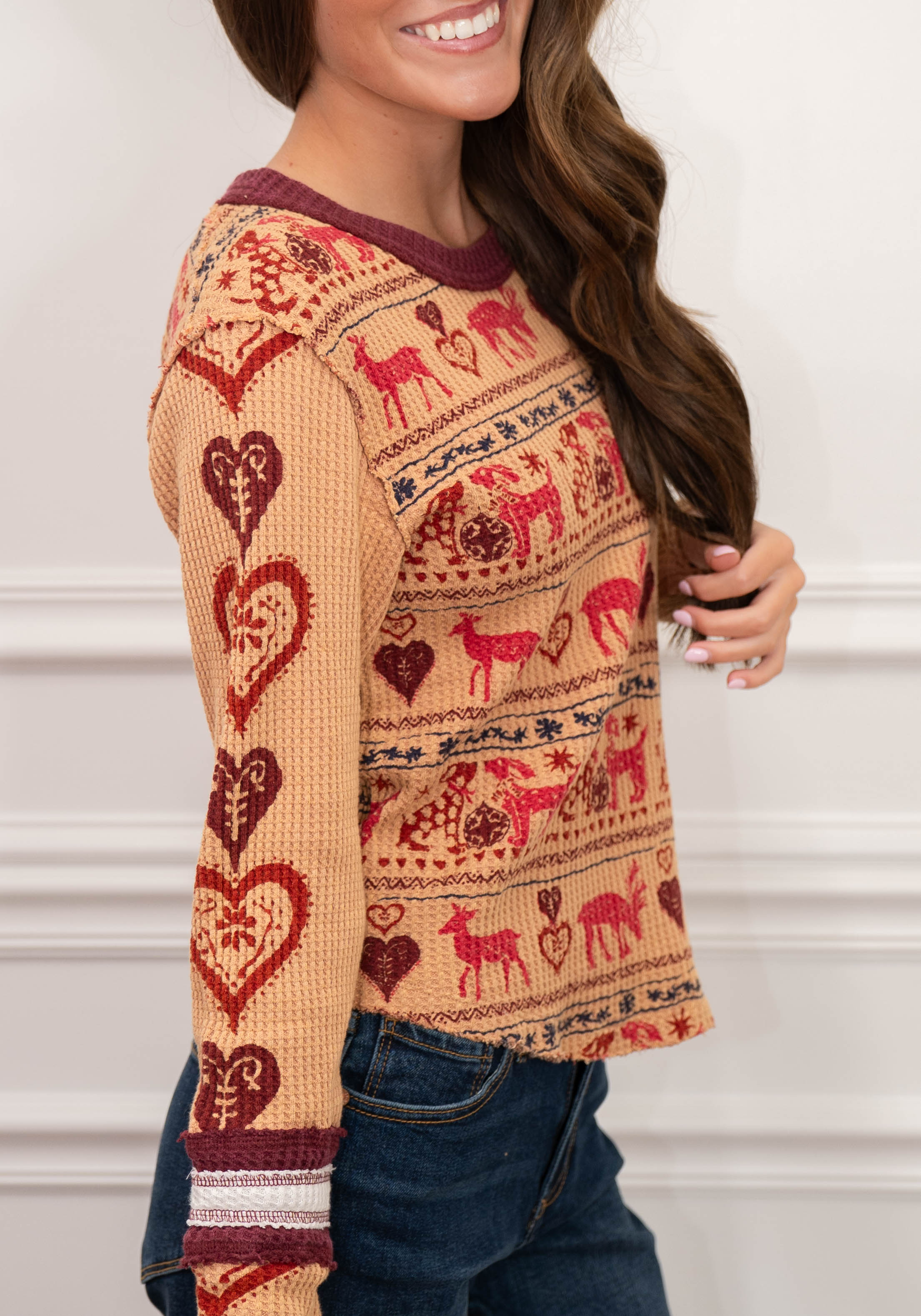 Free people tan and red reindeer