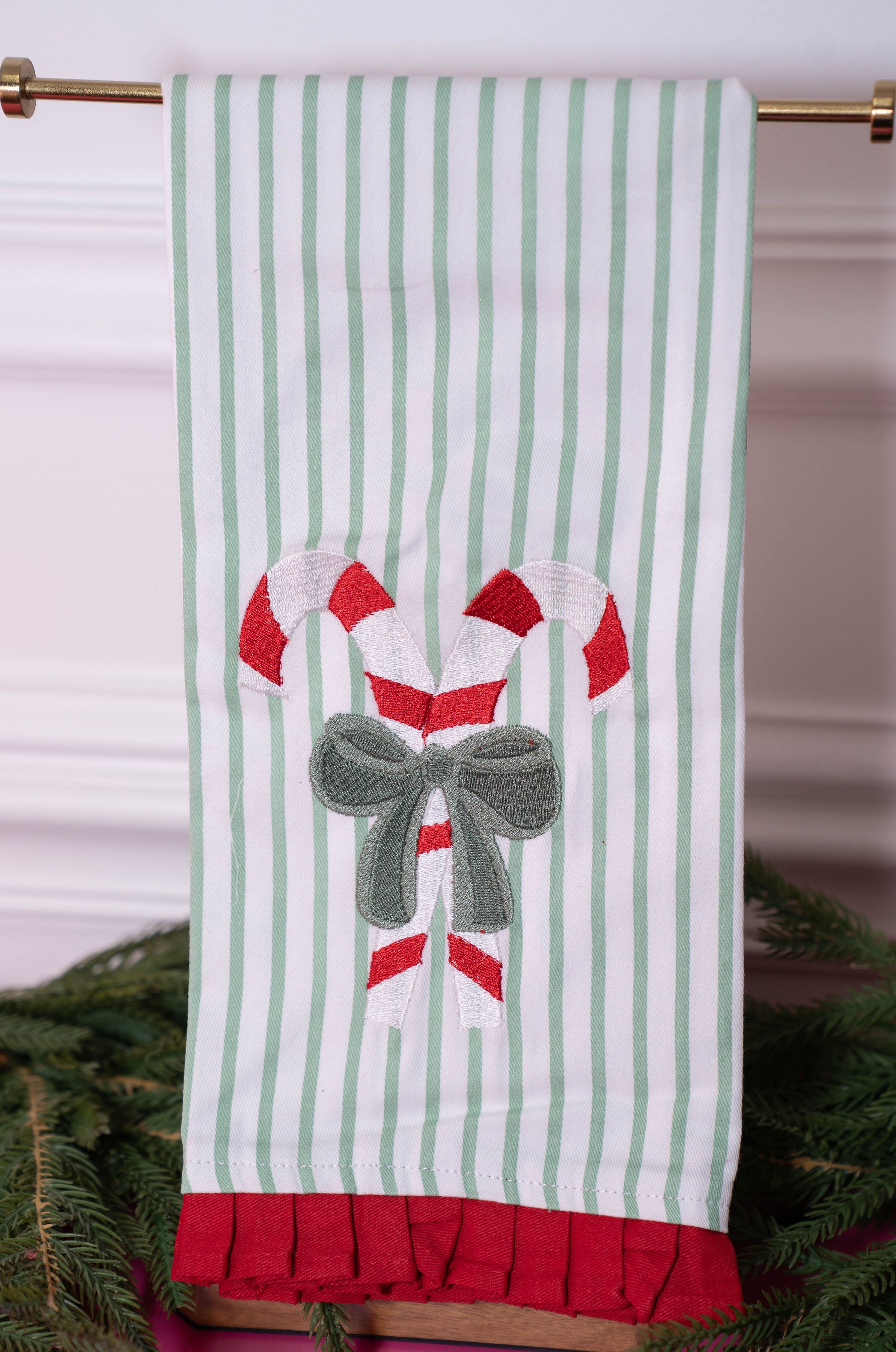 Embroidered Candy Cane Tea Towel