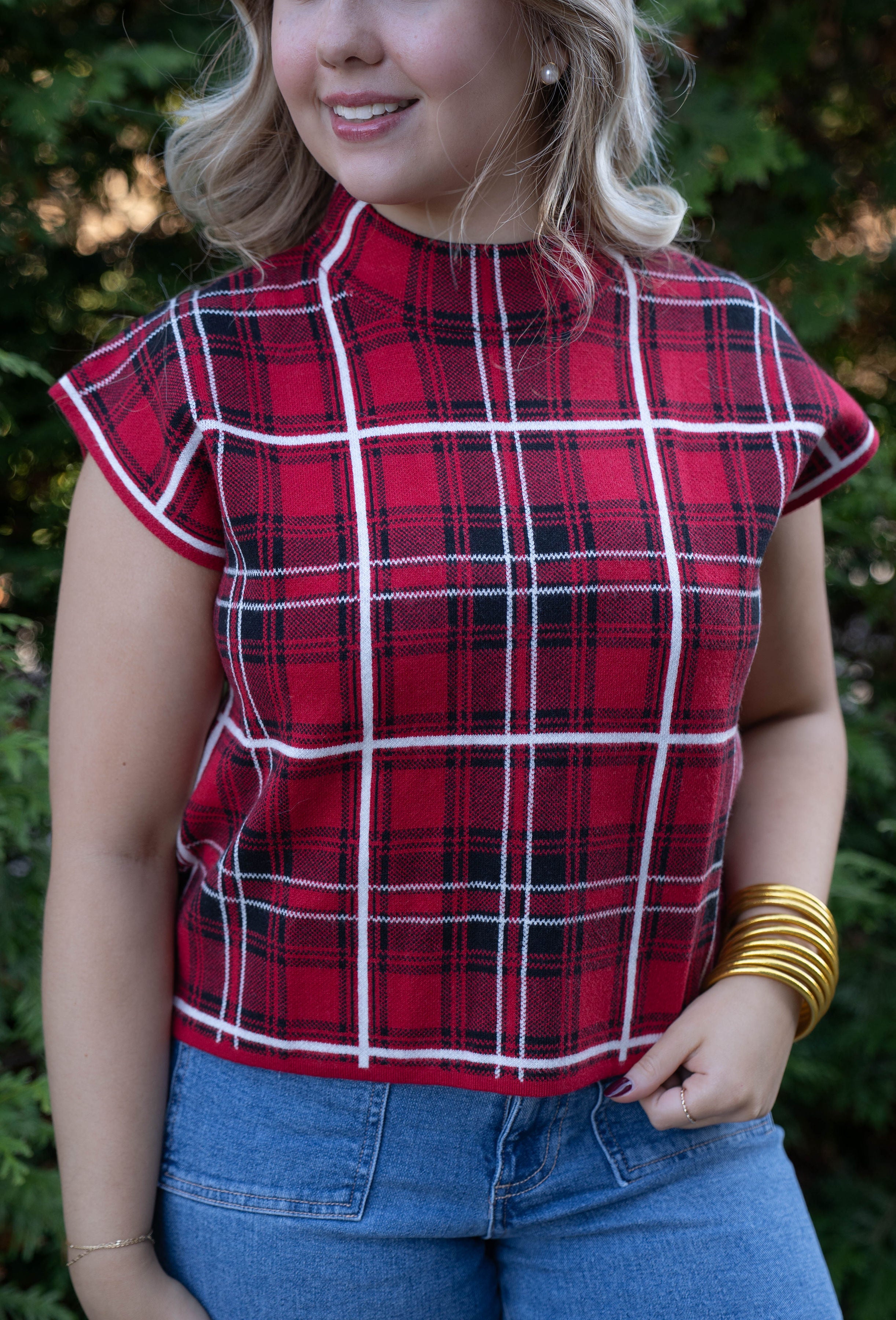 red plaid sweater