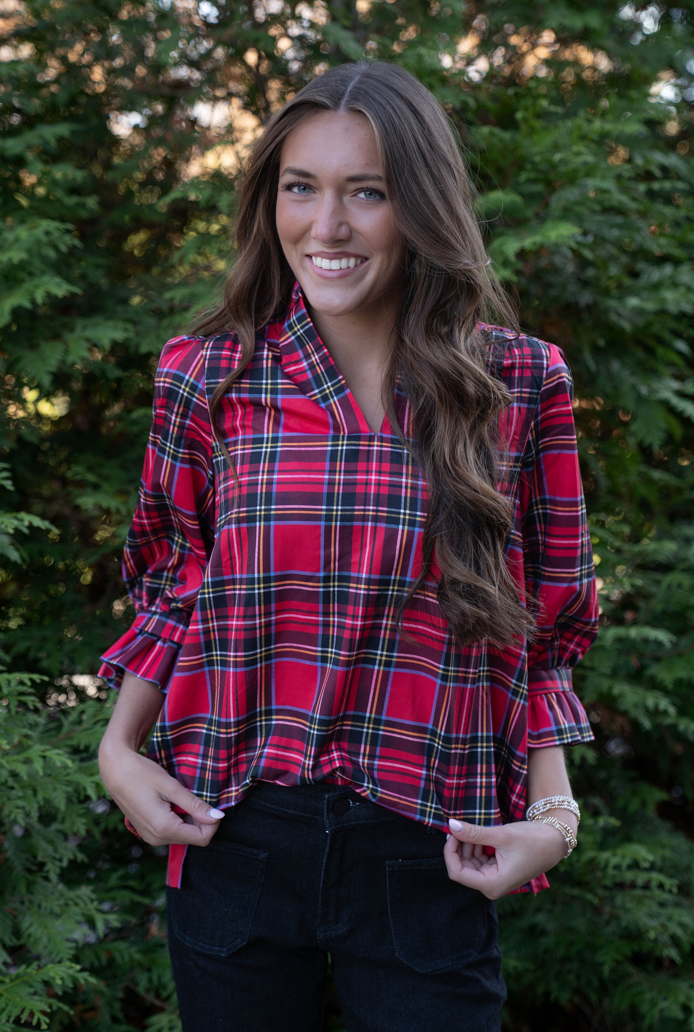Gretchen Scott Ruffleneck Stewart Plaid Top