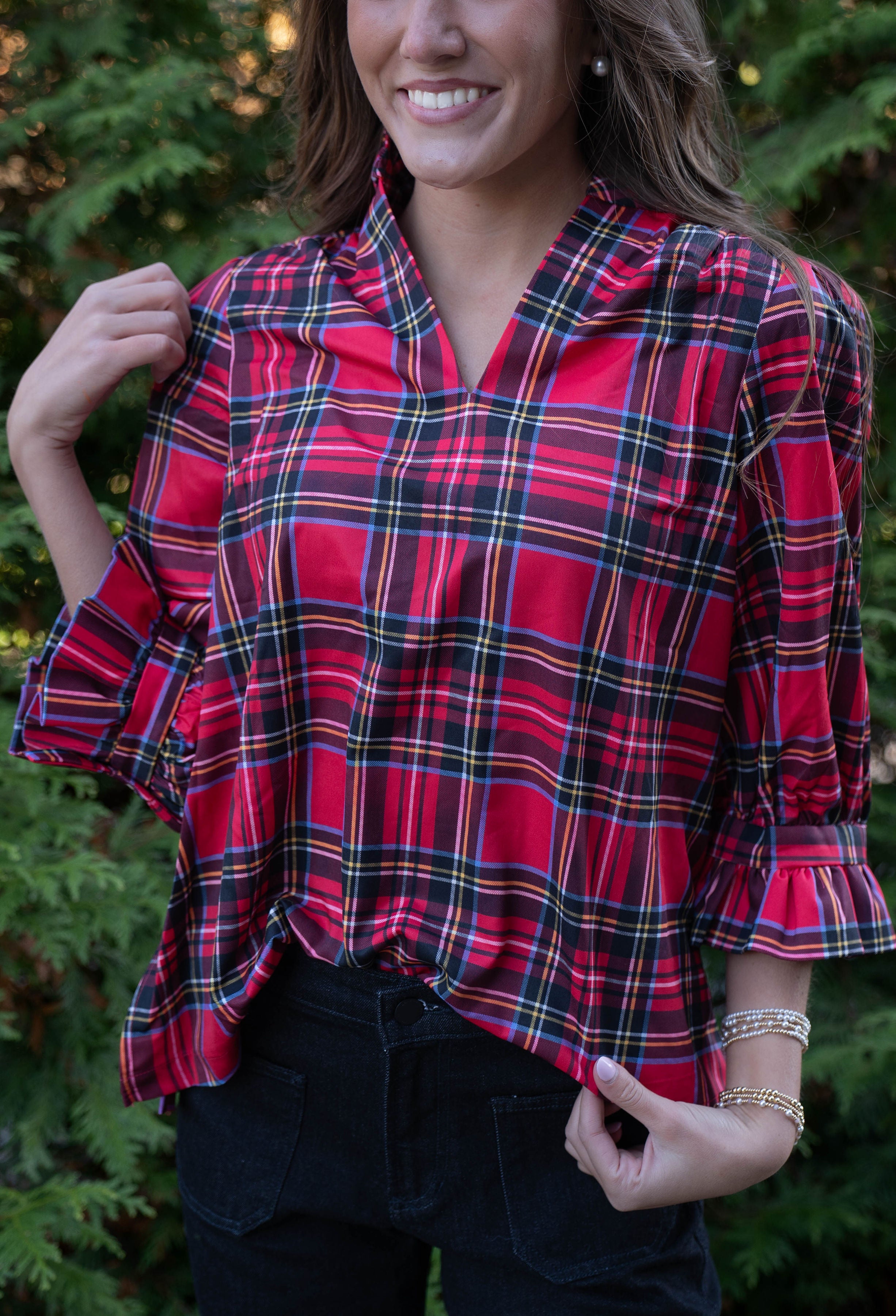 Gretchen Scott Ruffleneck Stewart Plaid Top