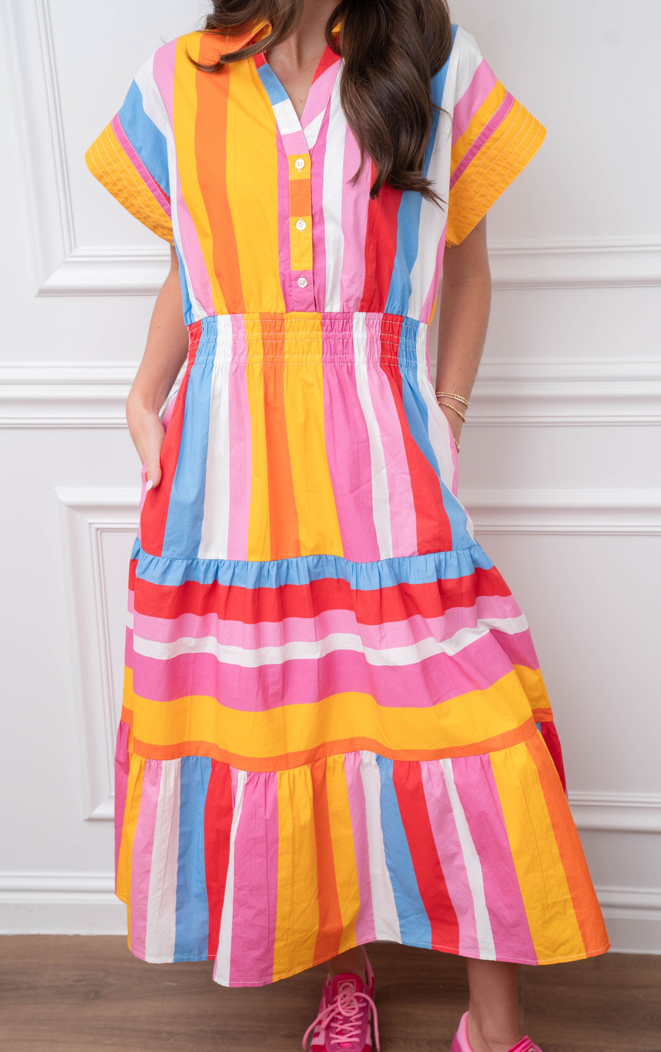 Multi Stripe Collared Midi Dress