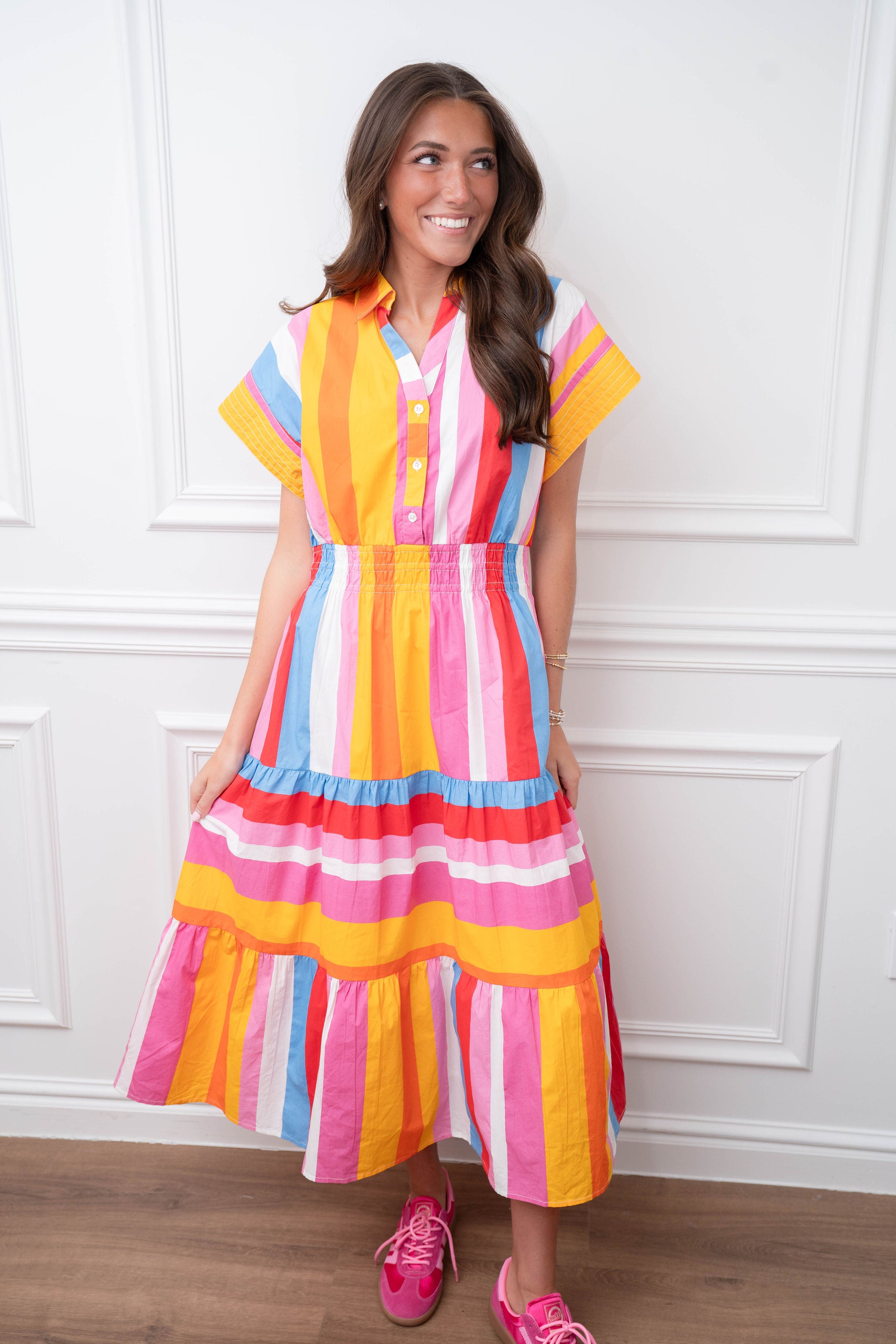 Multi Stripe Collared Midi Dress