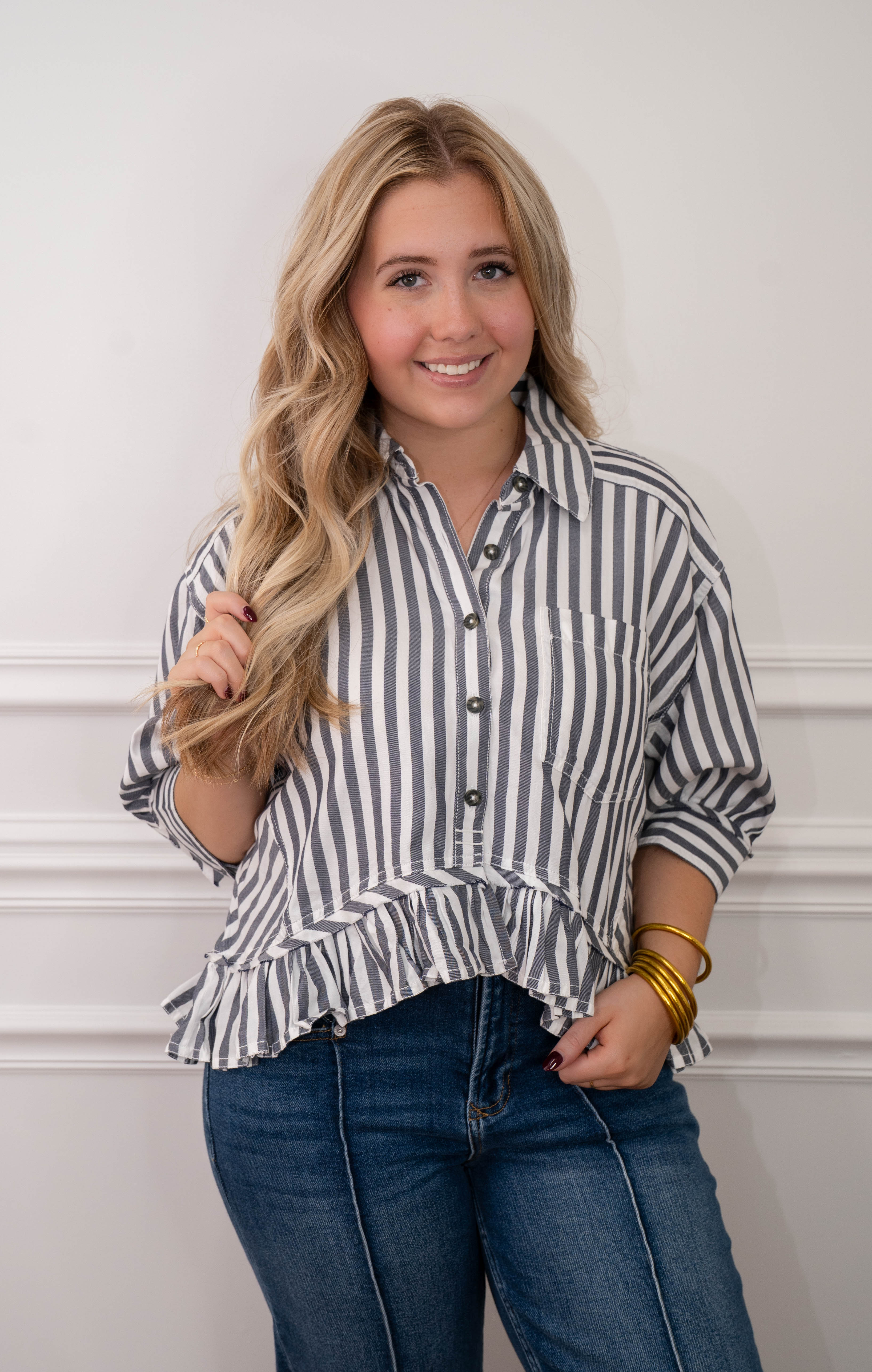 Free people Nautical Stripe Ruffled Top