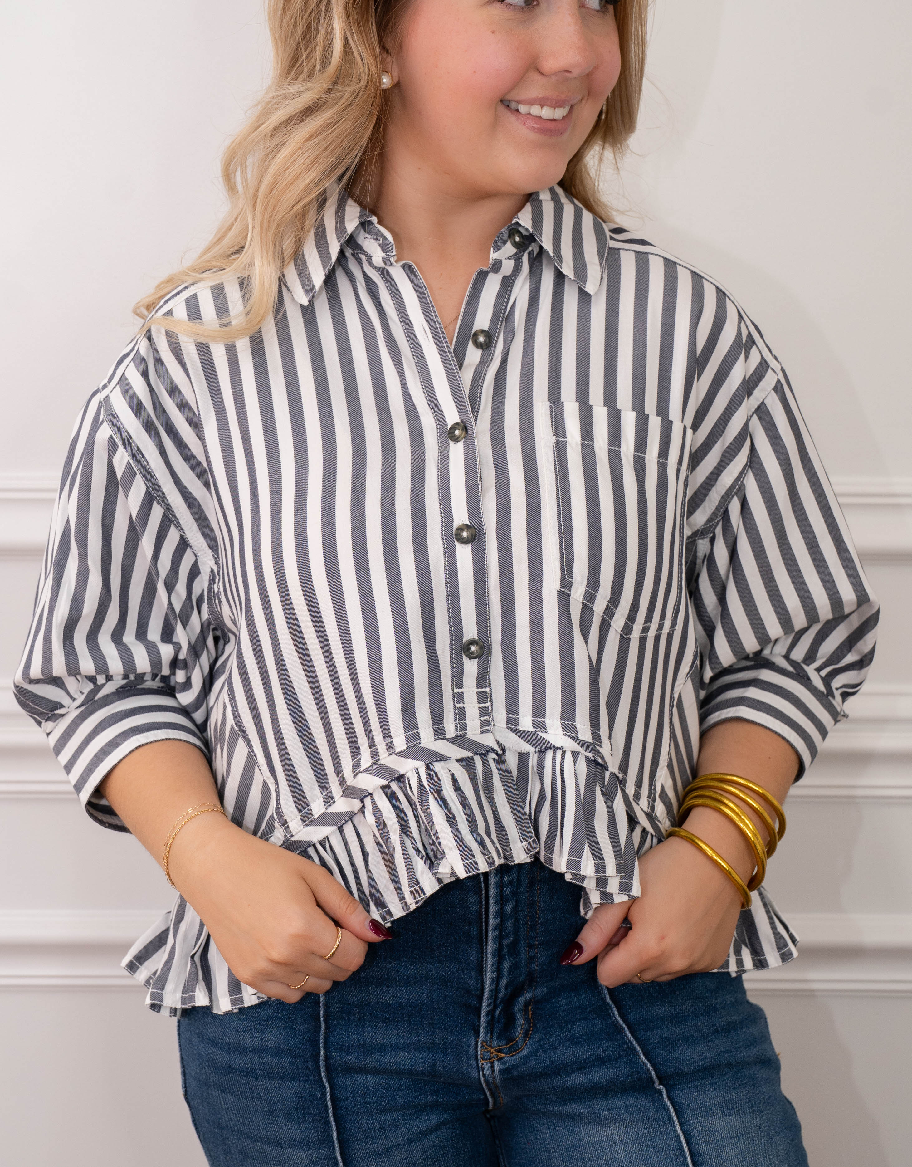 Free people Nautical Stripe Ruffled Top