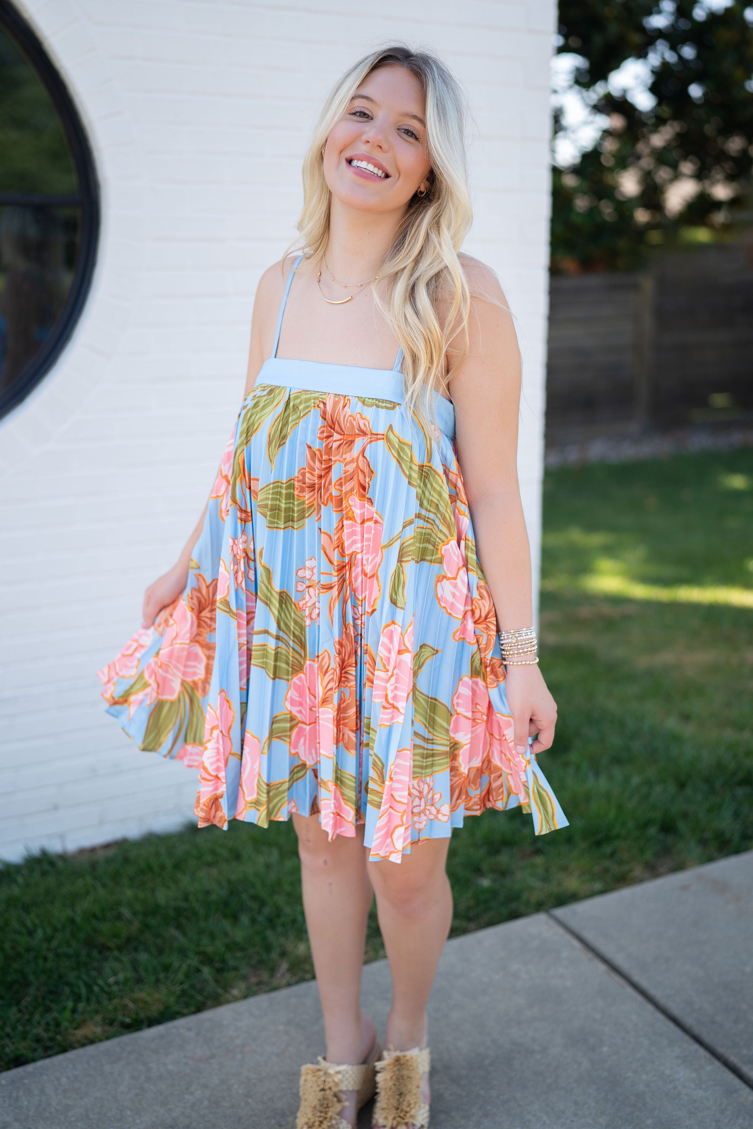 Blue Pleated Multi Short Dress
