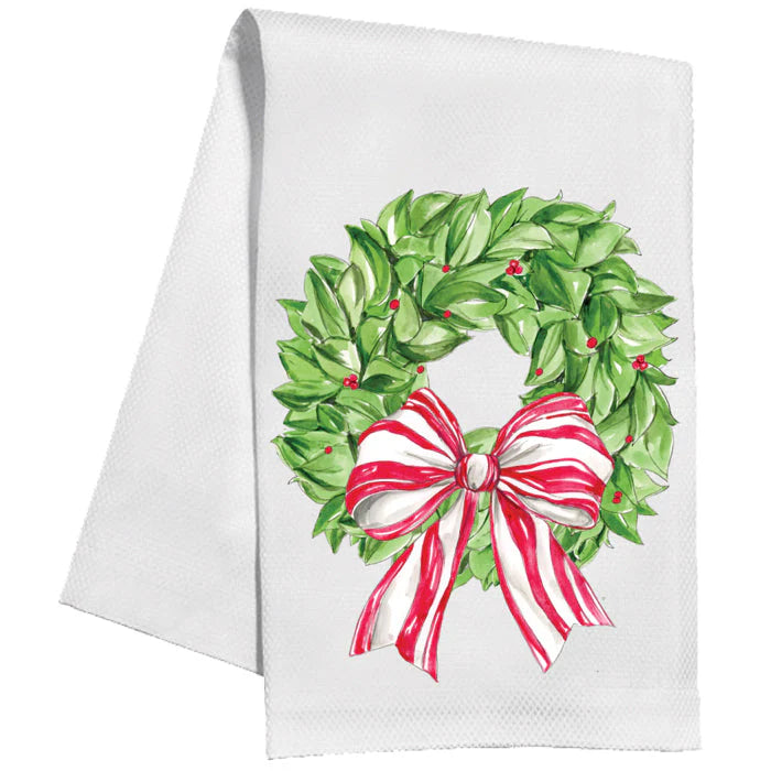 Christmas Berries Wreath with Red Striped Bow Kitchen Towel